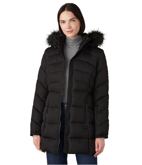 Long Faux Fur Hooded Quilted Walker Puffer