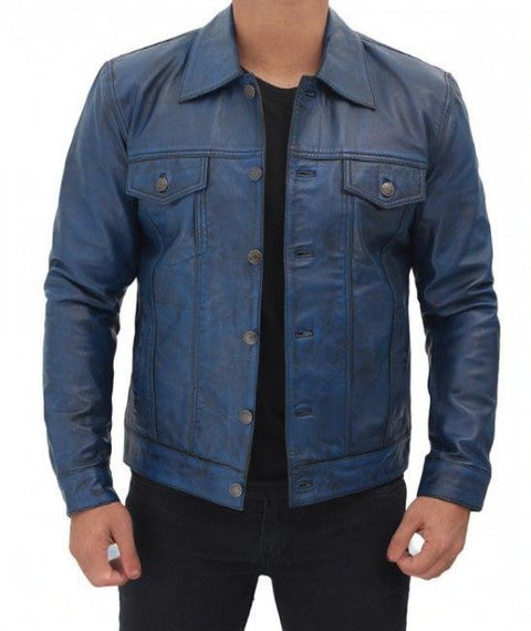 Fernando Blue Trucker Leather Jacket