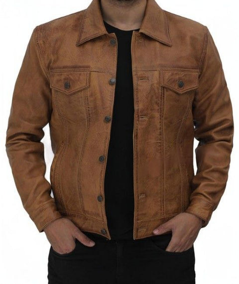 Fernando Camel Brown Leather Trucker Jacket