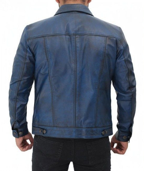Fernando Blue Trucker Leather Jacket