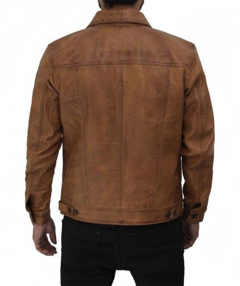 Fernando Camel Brown Leather Trucker Jacket