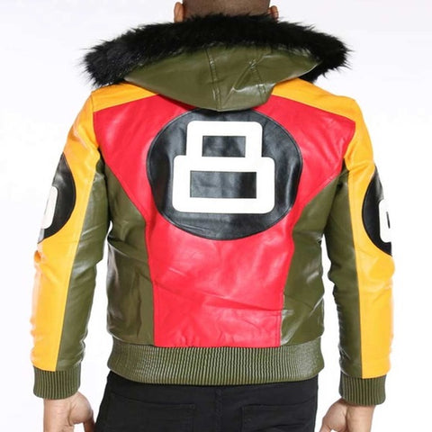 Men’s 8 Ball Fur Hood Leather Jacket