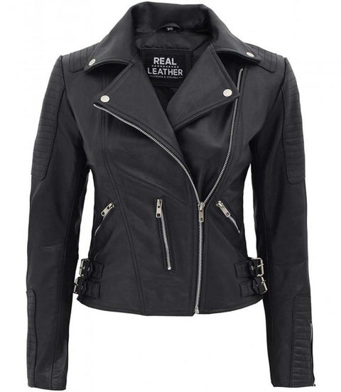 Bari Black Leather Moto Jacket Women