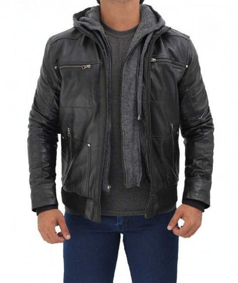 Jeffery Black Leather Jacket with Grey Hood