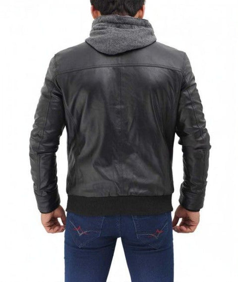 Jeffery Black Leather Jacket with Grey Hood