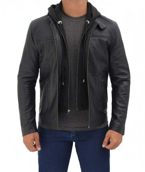Jonathan Black Bomber Hooded Leather Jacket