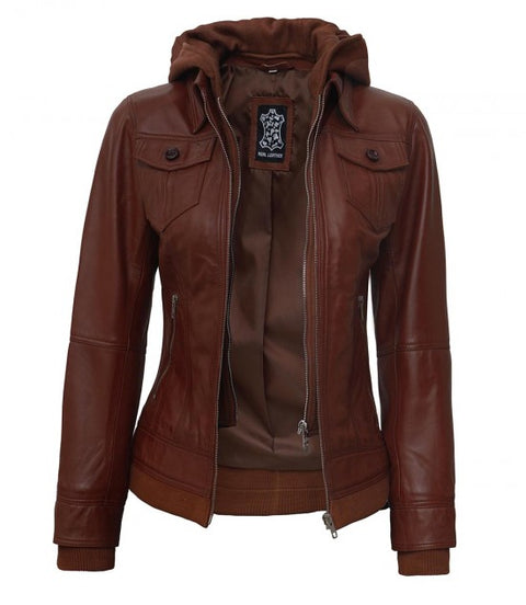 Tralee Brown Womens Hooded Leather Jacket