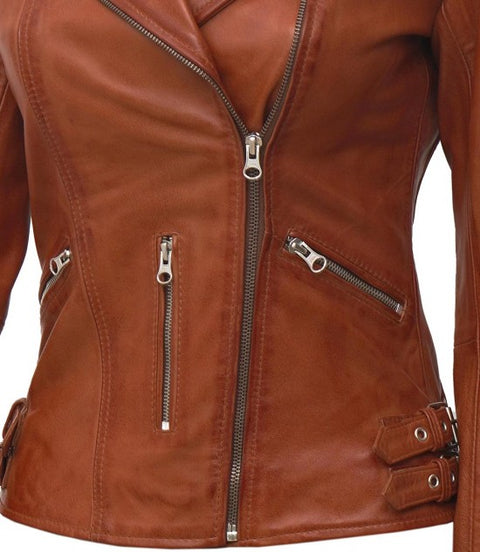 Bari Tan Leather Moto Jacket Women