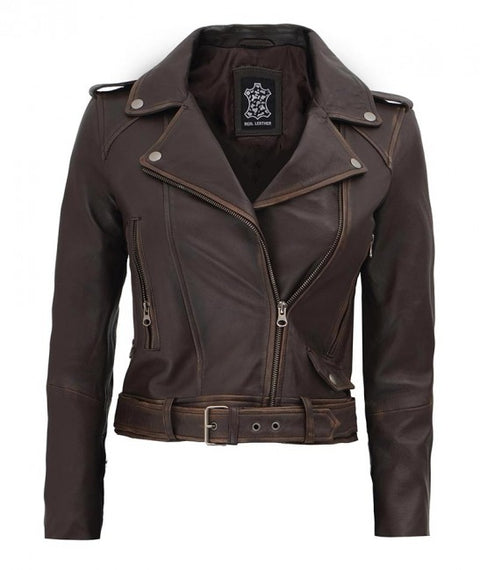 Nellie Women Leather Brown Distressed Cropped Jacket