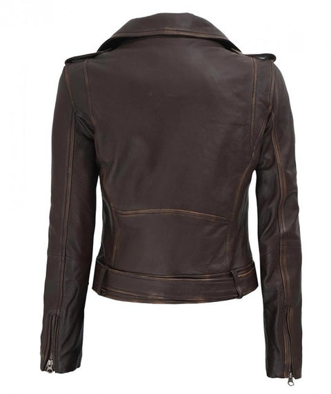 Nellie Women Leather Brown Distressed Cropped Jacket