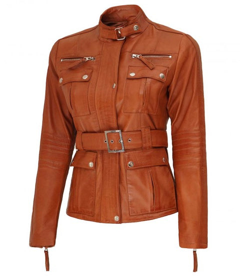 Carolyn Four Pockets Womens Tan Leather Jacket
