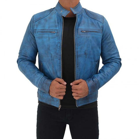 Dodge Mens Sky Blue Motorcycle Style Leather Jacket