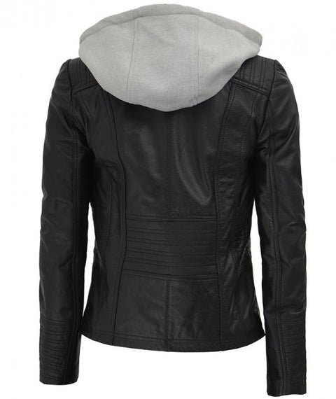 Gloria Womens Black Leather Hooded Jacket